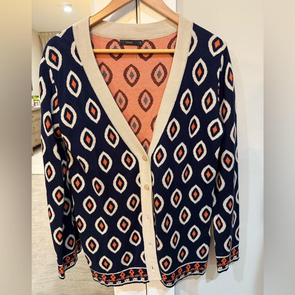 THML Blue and Cream Cardigan with Geometric Pattern Size M